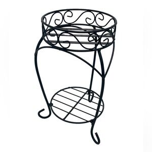 Black Two Shelf Tier Scroll Three Leg Metal Plant Stand 15” Tall x 8” Wide (Top)